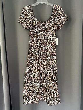 As U Wish Leopard Print Ruched Short Sleeve Midi  Dress